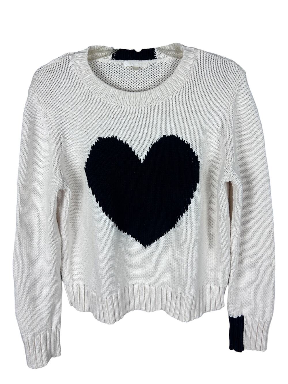 Lisa Todd White Long Sleeve Crew Neck Black Heart Casual Preppy Sweater M